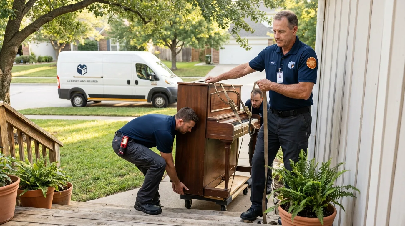 Licensed piano movers securing grand piano in Carmi, IL