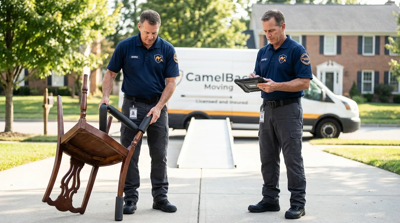 Movers inspecting furniture for damage prevention before loading in Carmi, IL